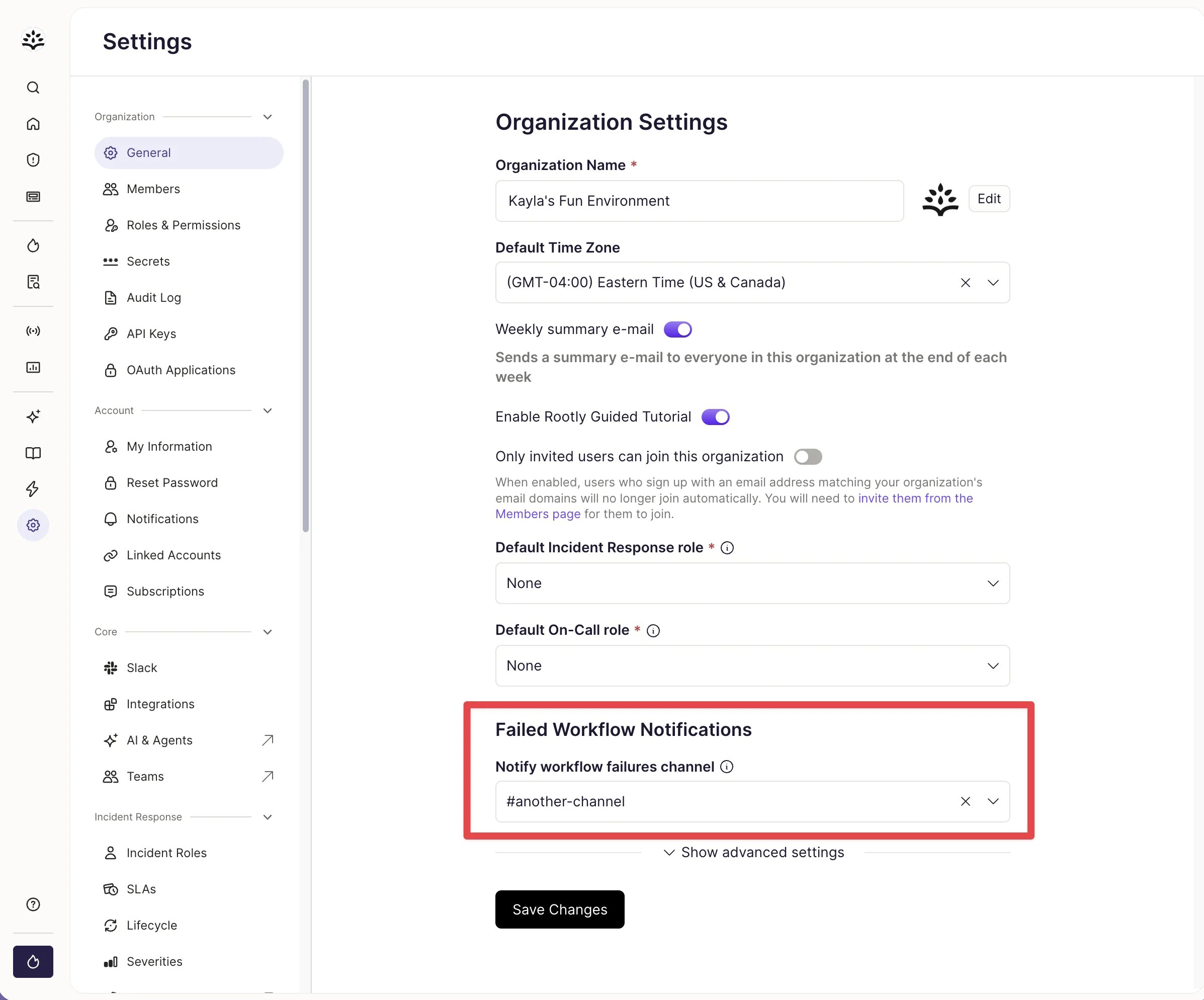 Organization Settings page with the Failed Workflow Notifications section and the Notify workflow failures channel field highlighted