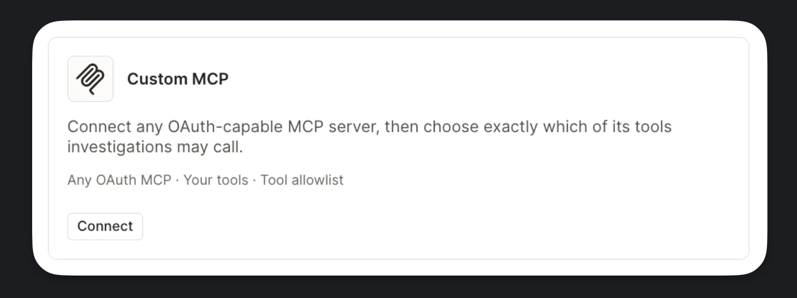 The Custom MCP card on the Connectors page, showing the Connect button