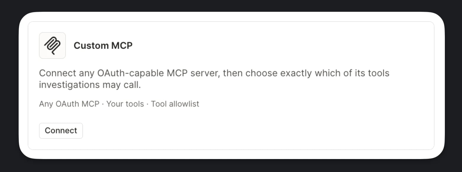 The Custom MCP card on the Connectors page, showing the Connect button
