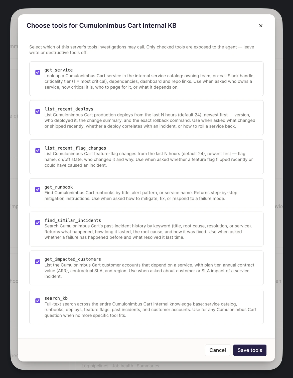The Choose tools screen listing the server's discovered tools with checkboxes, each showing its name and description