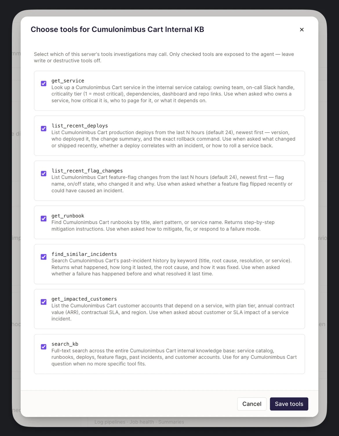 The Choose tools screen listing the server's discovered tools with checkboxes, each showing its name and description
