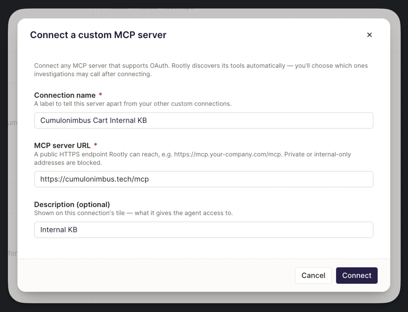 The Connect a custom MCP server dialog with a connection name, MCP server URL, and description filled in