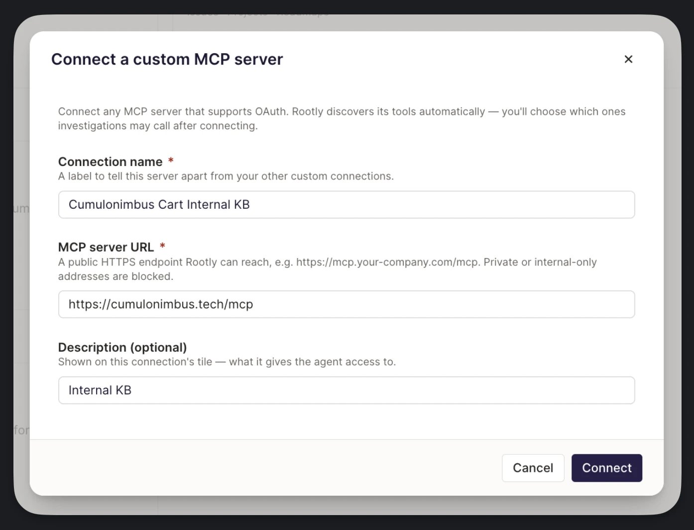 The Connect a custom MCP server dialog with a connection name, MCP server URL, and description filled in