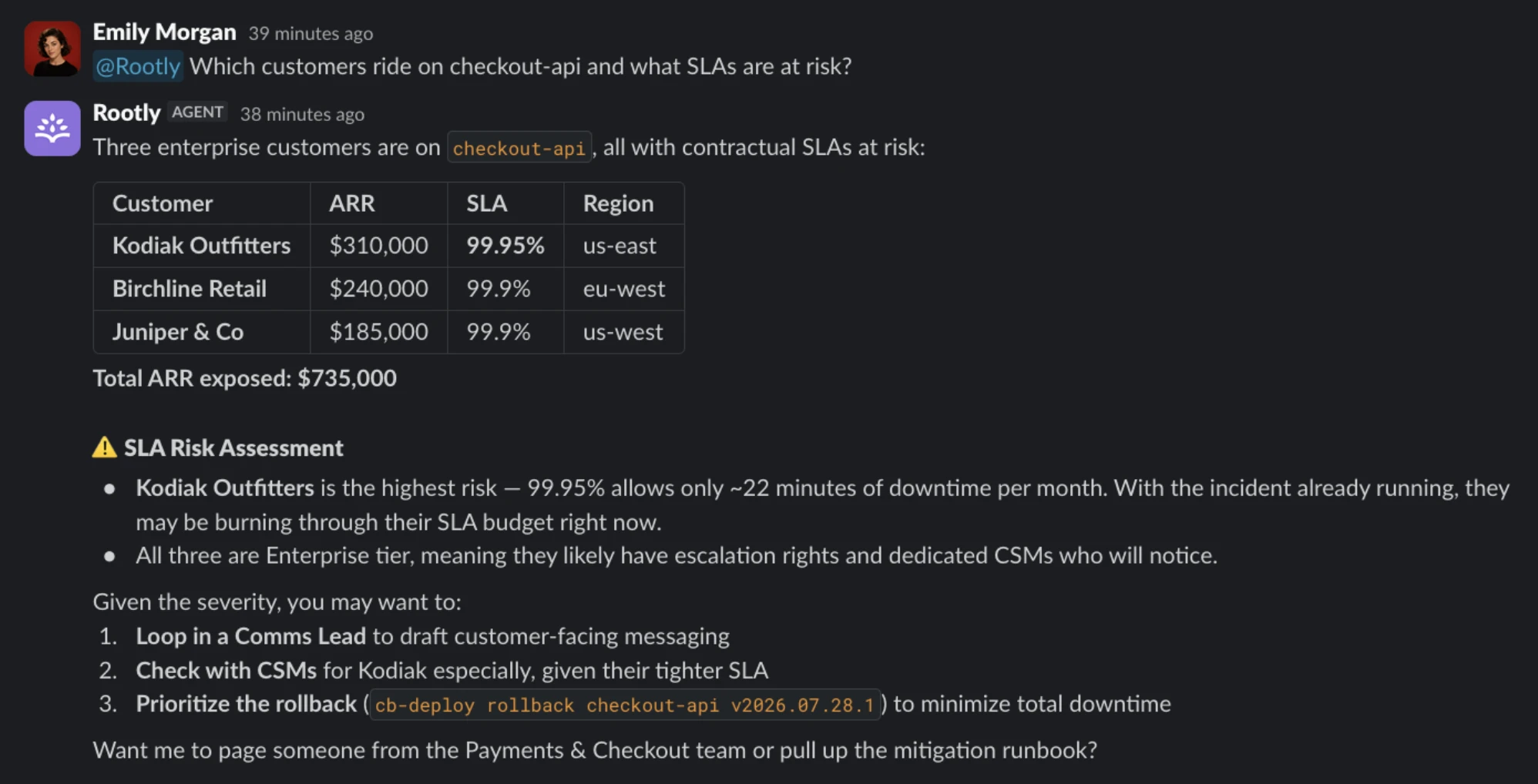 Rootly AI listing the customer accounts that depend on the affected service with ARR and SLA per account, then assessing SLA risk and suggesting next steps