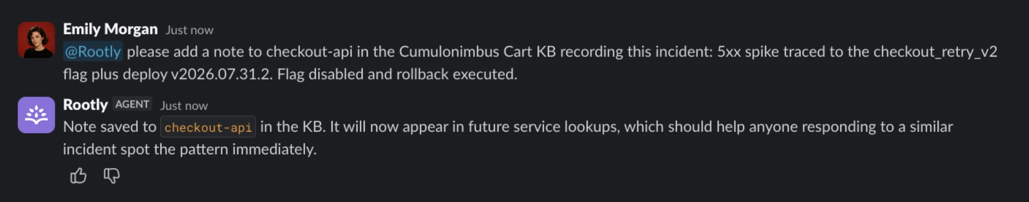 A responder asking Rootly AI to add a note to checkout-api recording the incident; Rootly AI confirms the note was saved to the custom KB and will appear in future service lookups