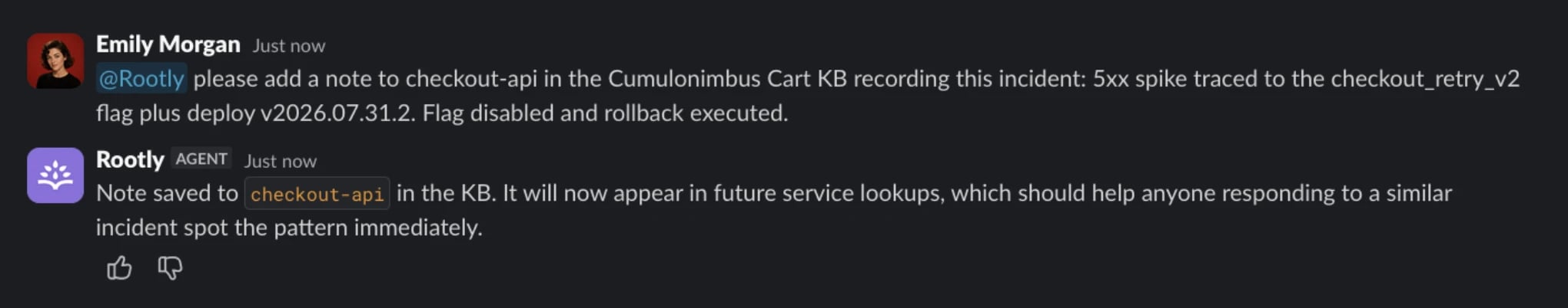 A responder asking Rootly AI to add a note to checkout-api recording the incident; Rootly AI confirms the note was saved to the custom KB and will appear in future service lookups