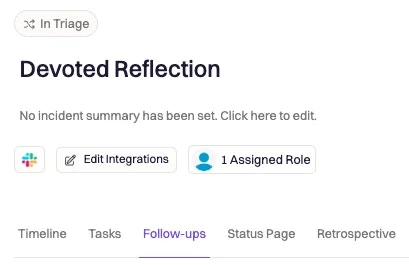 Screenshot of an incident title Under the incident title there are tabs for Tasks and Follow-ups