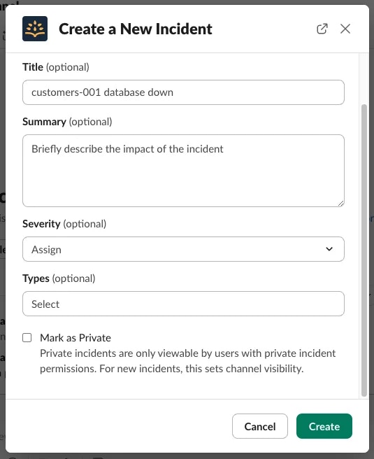 New incident form in Slack.