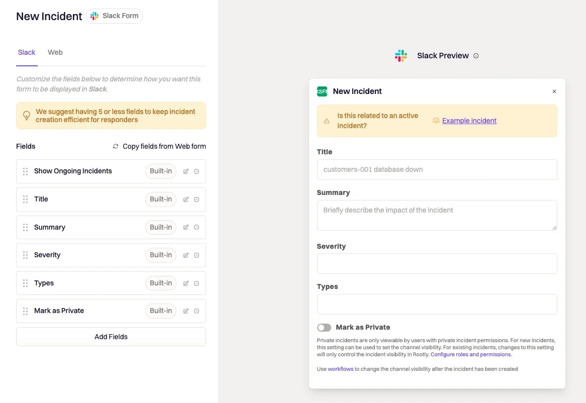 Edit new incident form for Slack.