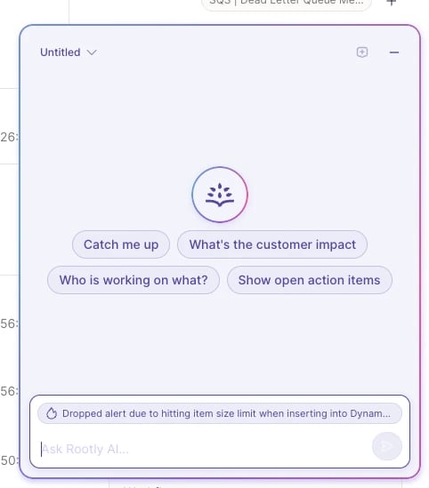 The Ask Rootly Agent panel open on an incident, showing suggested prompts
