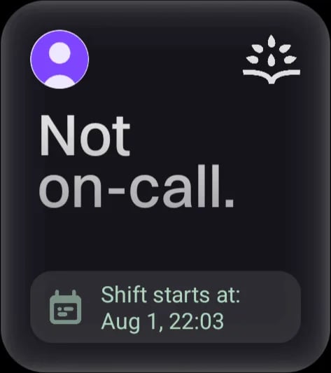 Rootly home screen widget with a grey background reading Not on-call, showing an avatar and a Shift starts at time for the next shift