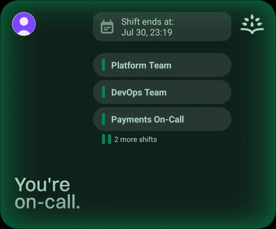 Rootly home screen widget showing a shift end time, the schedules Platform Team, DevOps Team, and Payments On-Call, and a 2 more shifts row