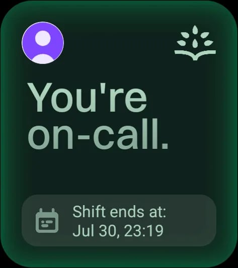 Rootly home screen widget with a green background reading You're on-call, showing an avatar and a Shift ends at time