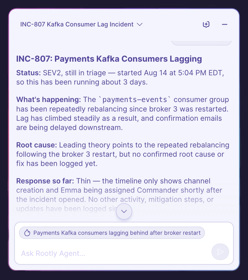 The Rootly AI panel on an incident page, breaking down the incident's status, leading root cause theory, and response so far