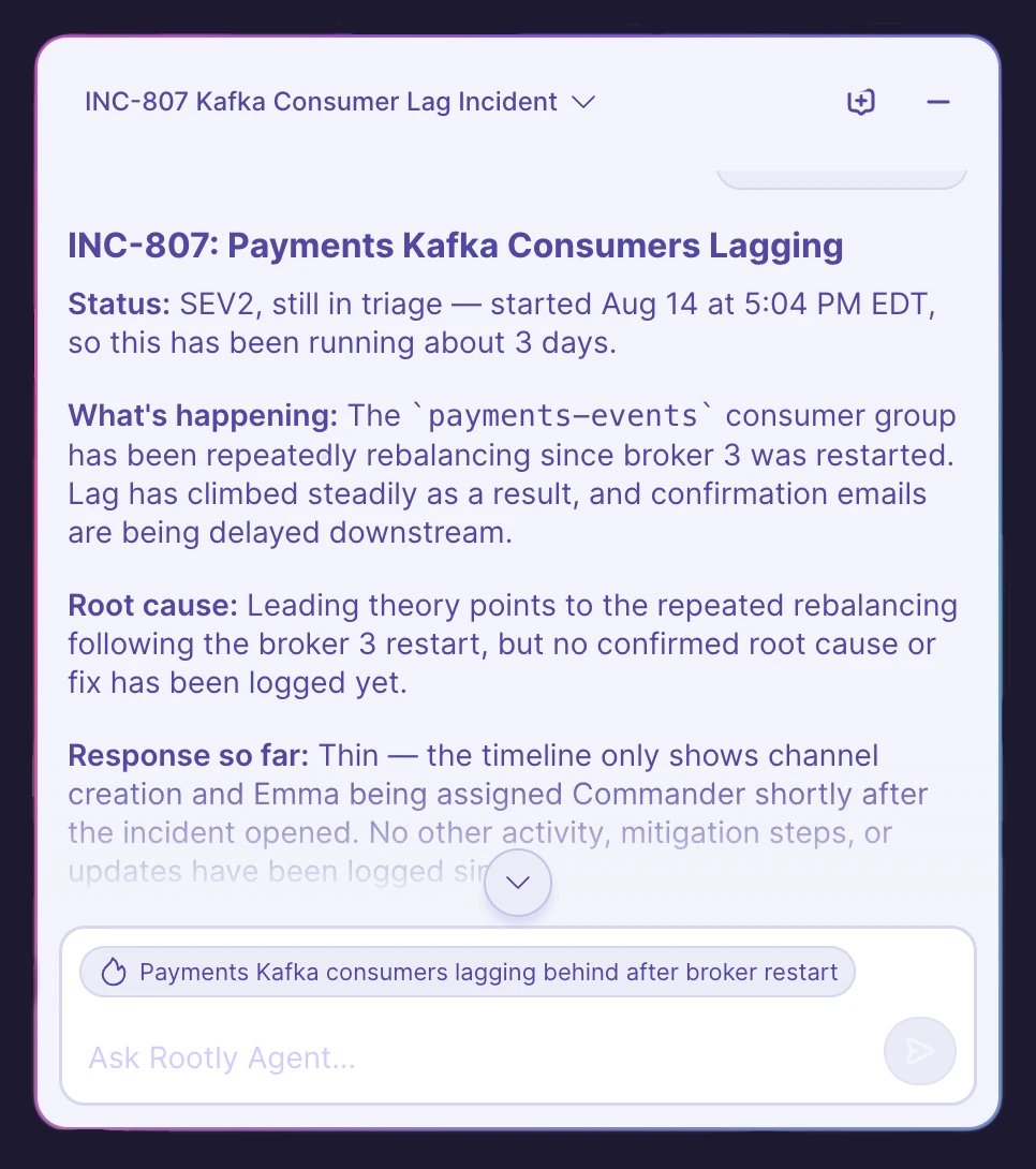 The Rootly AI panel on an incident page, breaking down the incident's status, leading root cause theory, and response so far