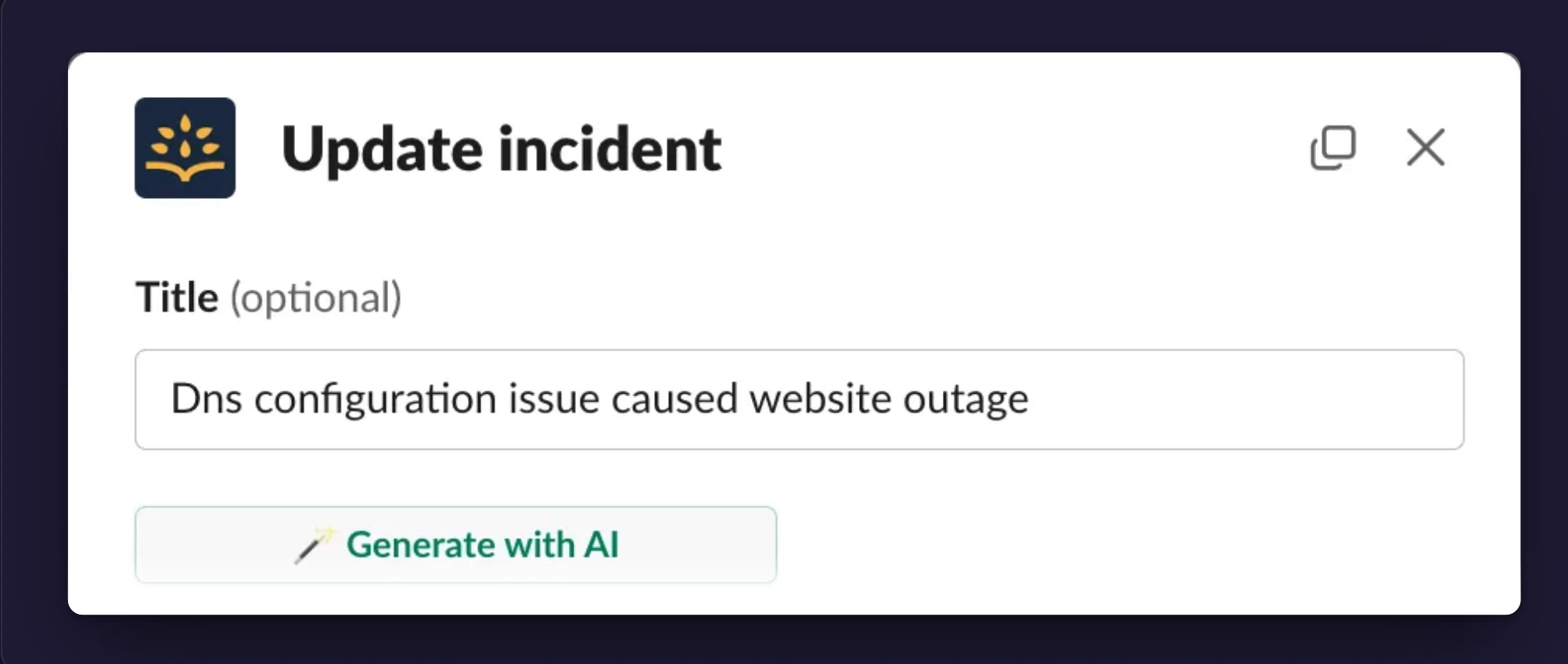 The Slack update-incident dialog with the Generate with AI button under the title field