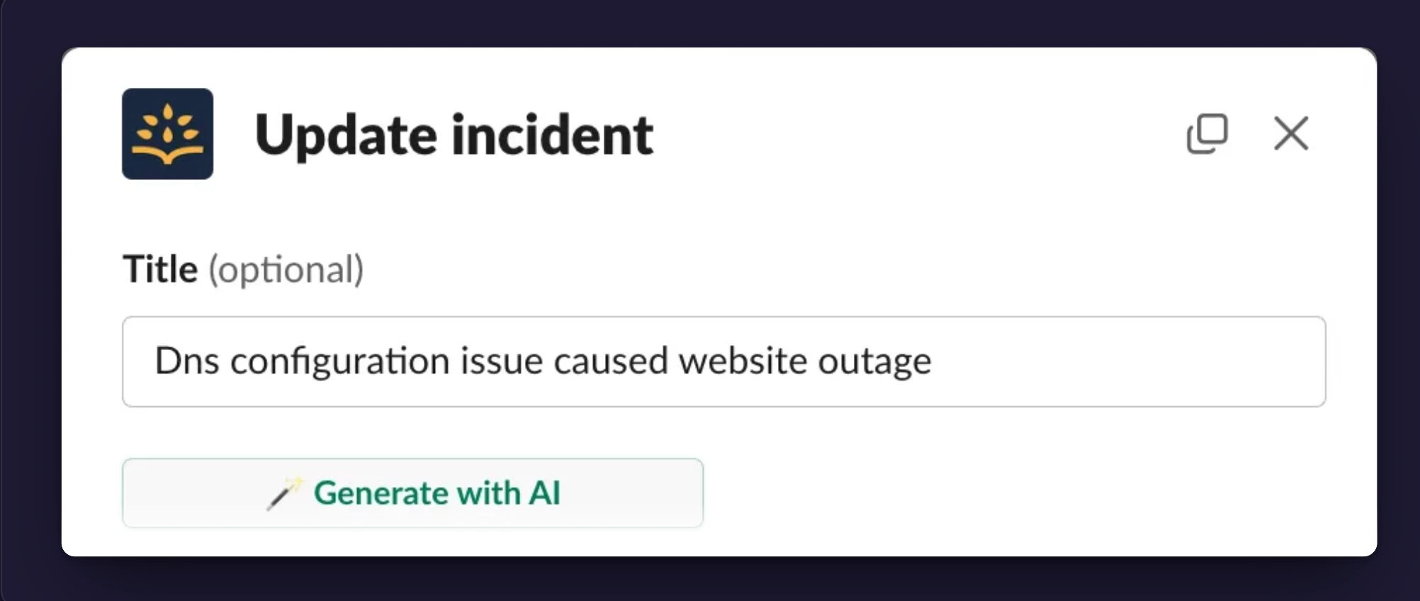 The Slack update-incident dialog with the Generate with AI button under the title field