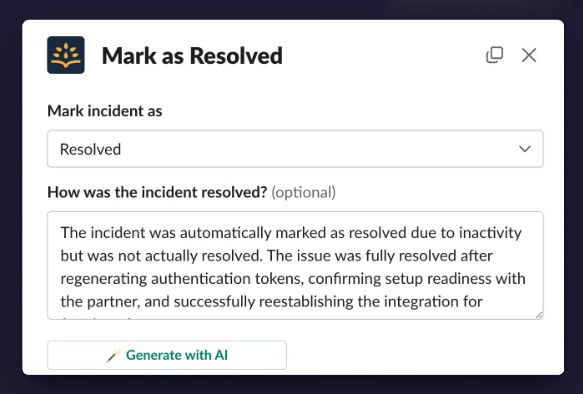 The Mark as Resolved dialog in Slack, with a generated resolution summary and the Generate with AI button