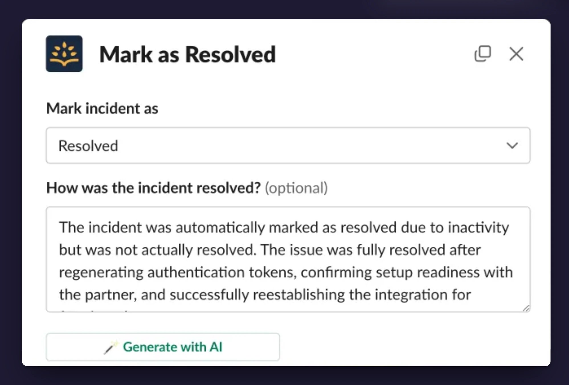 The Mark as Resolved dialog in Slack, with a generated resolution summary and the Generate with AI button