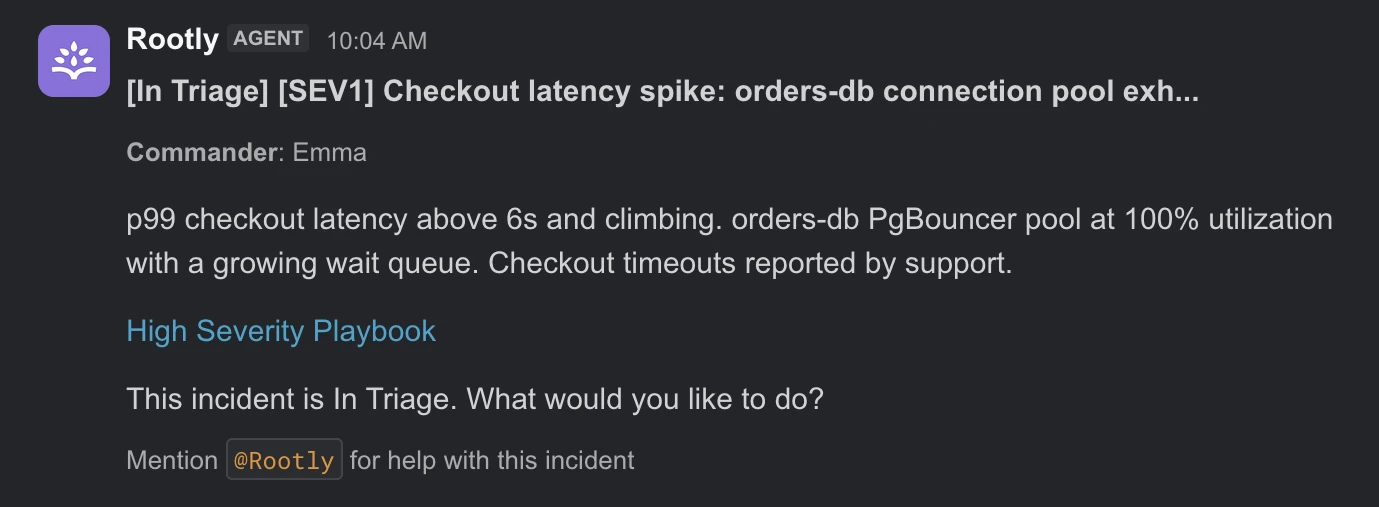 The Rootly agent's kickoff message in a new incident channel: title, commander, description, and a prompt to mention @Rootly for help