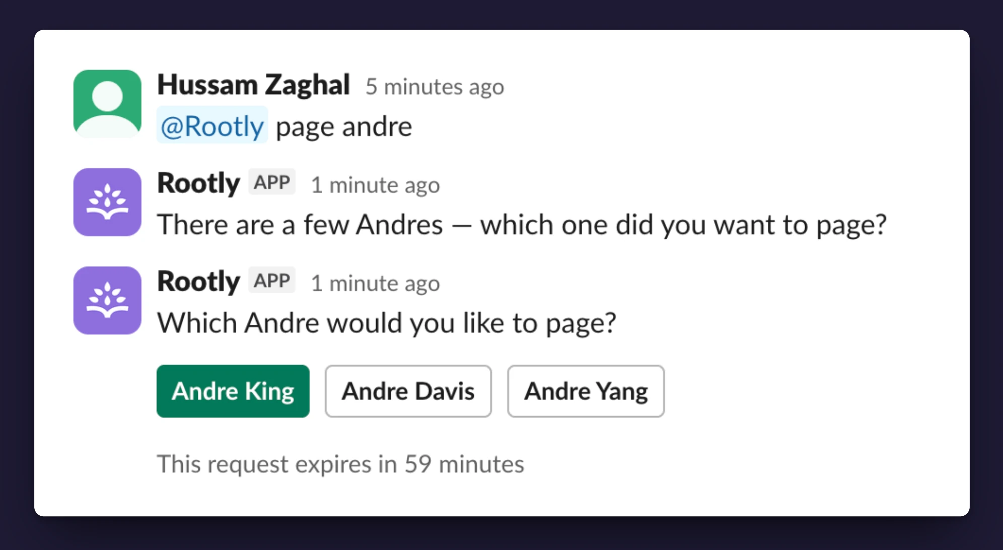 Rootly AI asking "Which Andre would you like to page?" with a button for each matching user and an expiry notice