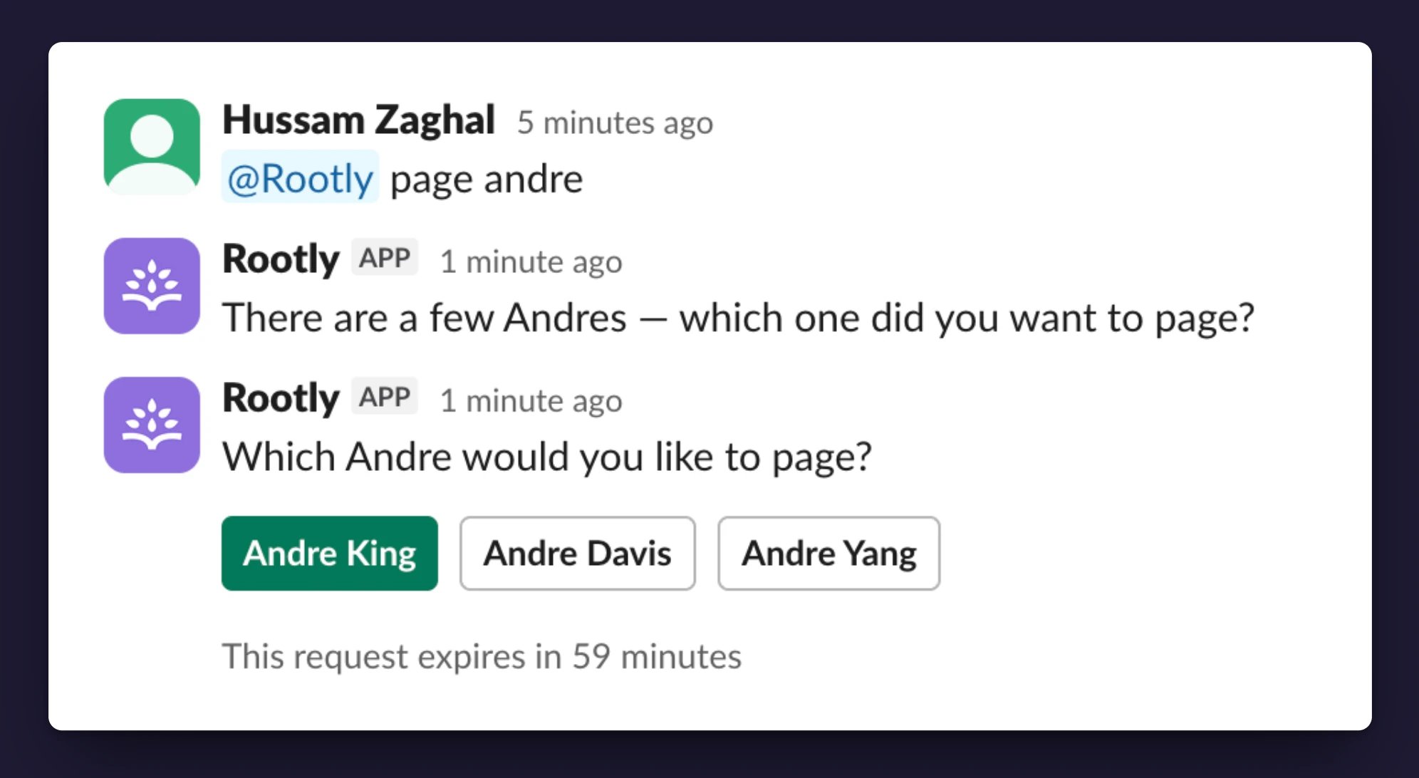 Rootly AI asking "Which Andre would you like to page?" with a button for each matching user and an expiry notice