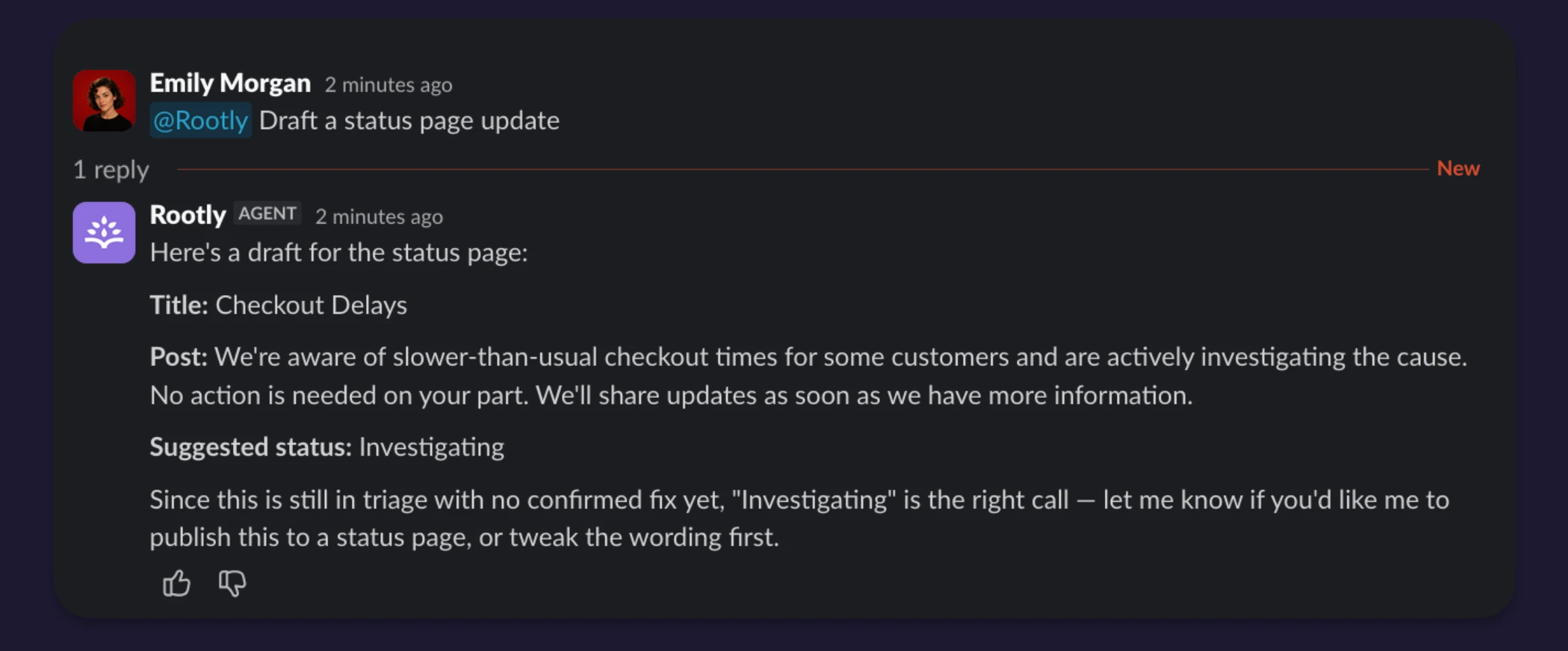 Rootly AI drafting a status page update in Slack: title, post copy, and a suggested status with the reasoning behind it