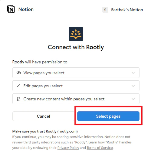 Notion OAuth authorization page