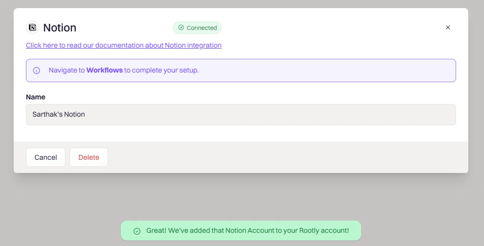 Rootly showing Notion connected successfully