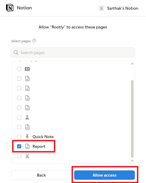 Notion page selection screen