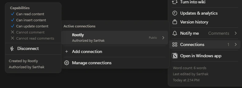 Notion connections panel showing Rootly