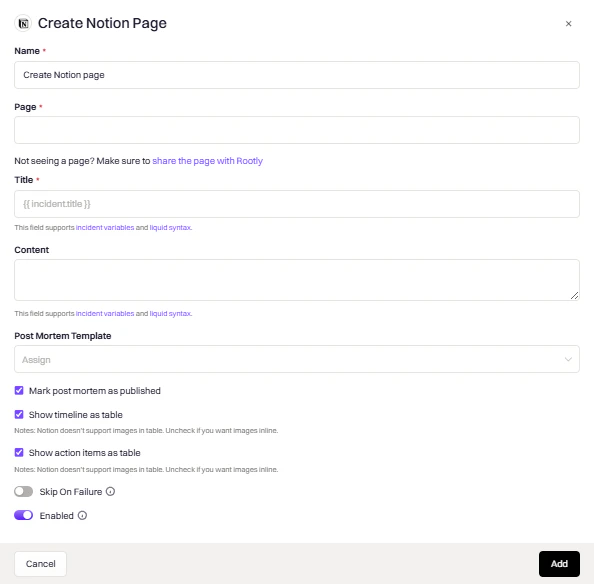 Notion page action configuration