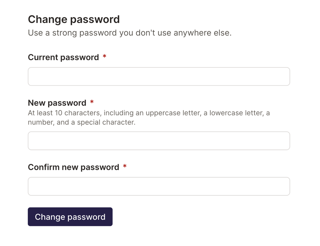 Change password tab in the user profile with password fields