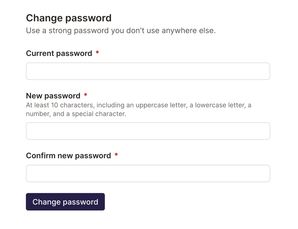 Change password tab in the user profile with password fields
