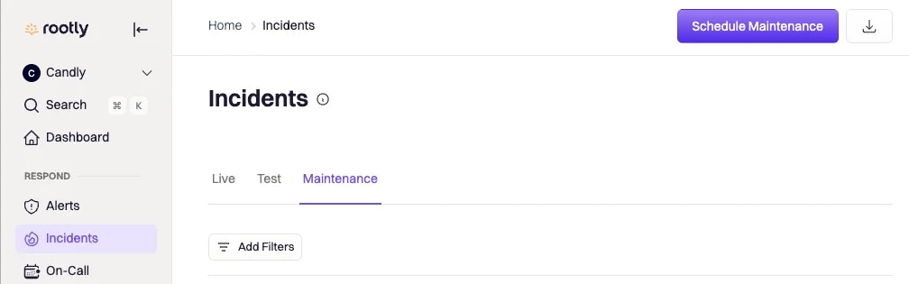 Maintenance incidents in the Rootly web app.
