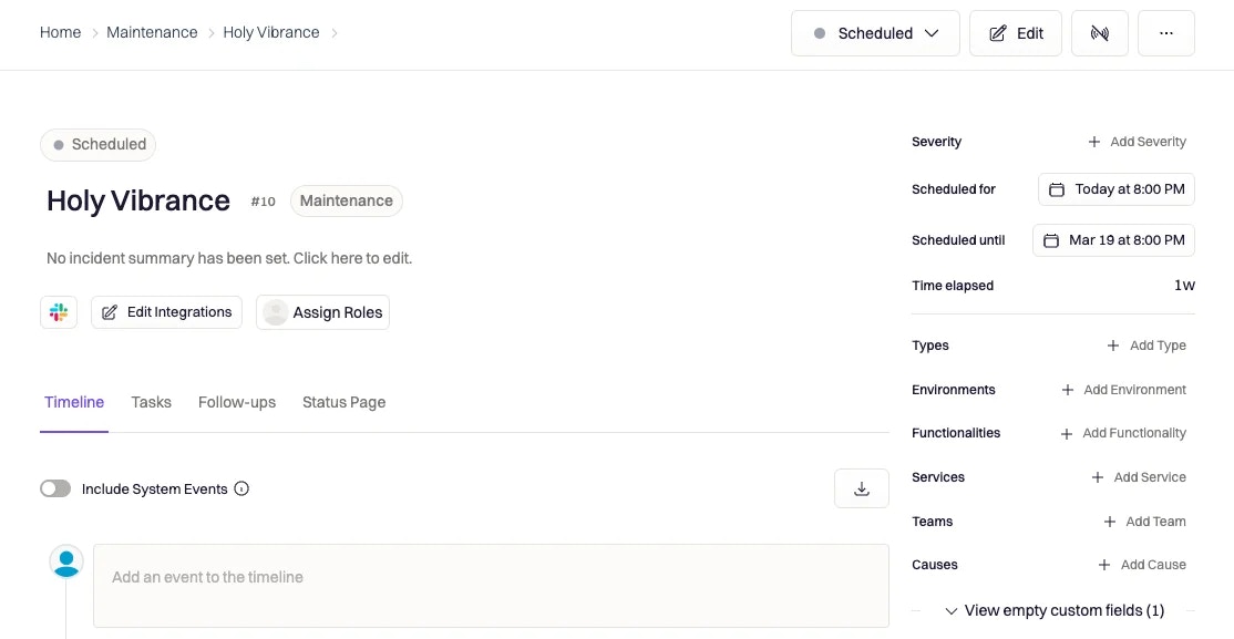 Maintenance incident in the Rootly web app.