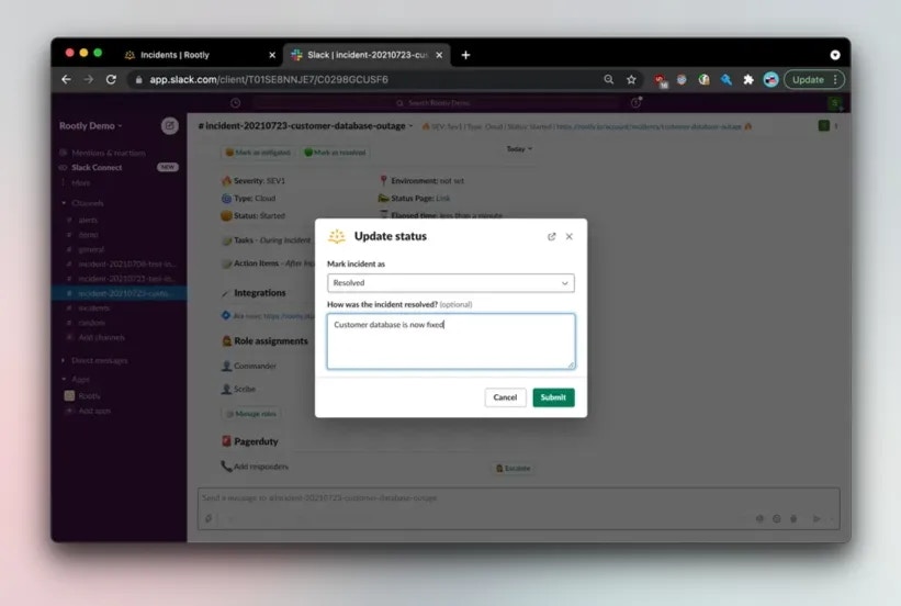 Resolving an incident using Slack