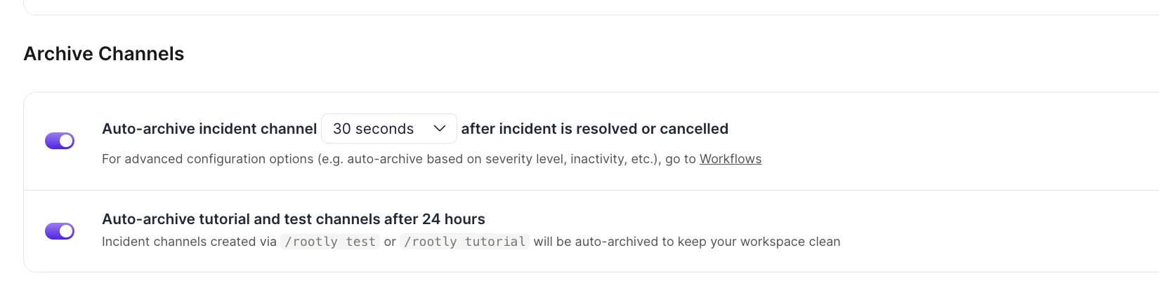 Slack Smart Defaults Archive Channels settings with auto-archive after resolved or cancelled incidents
