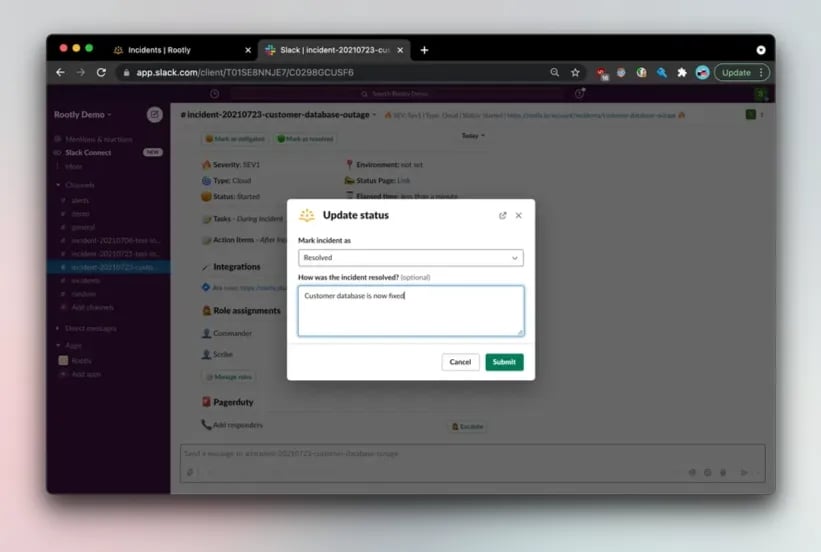 Resolving an incident using Slack