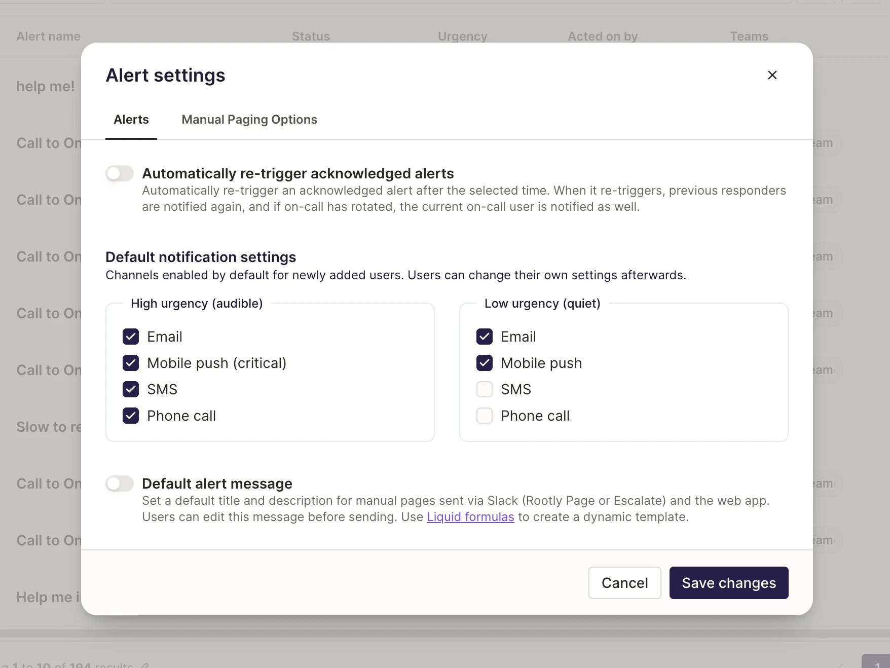Alert settings modal showing default notification channels for high urgency and low urgency