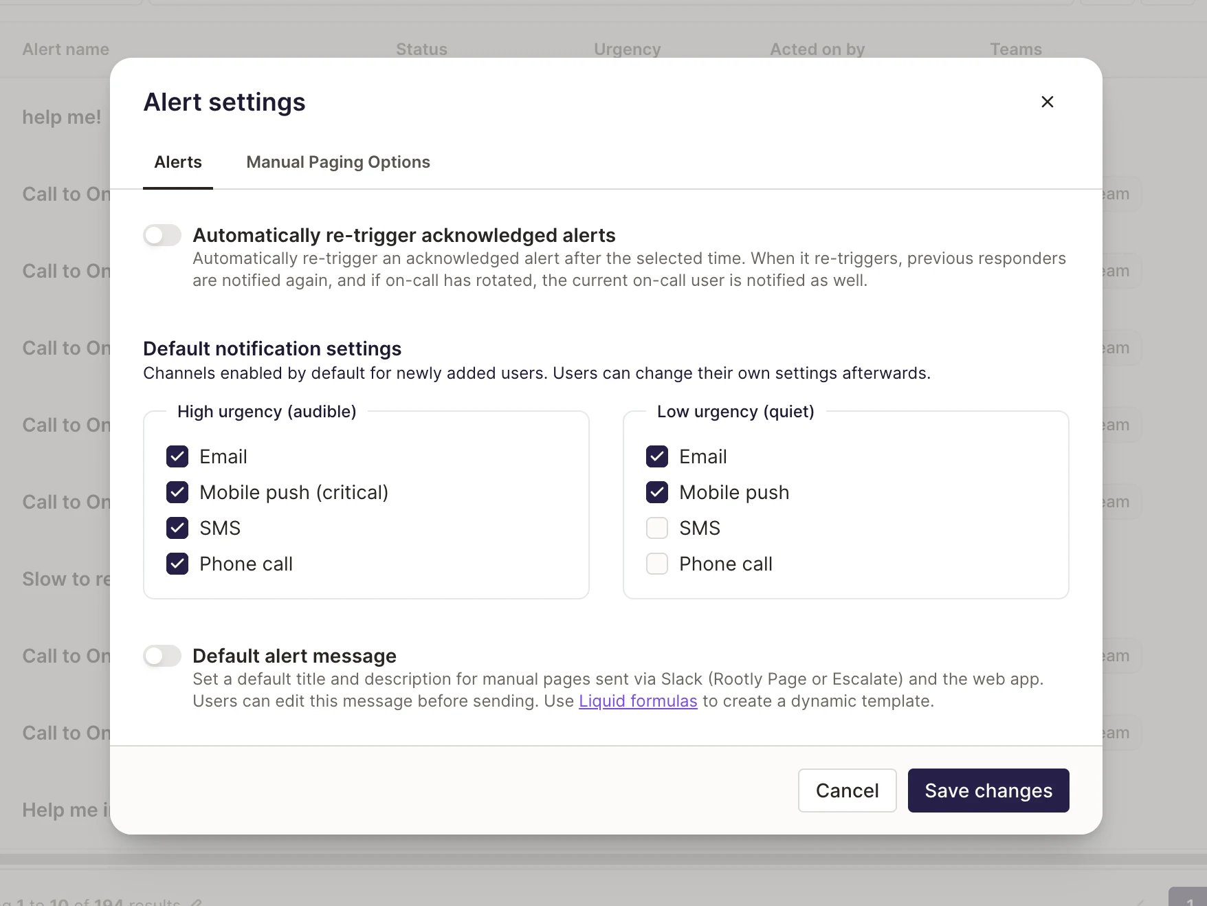 Alert settings modal showing default notification channels for high urgency and low urgency