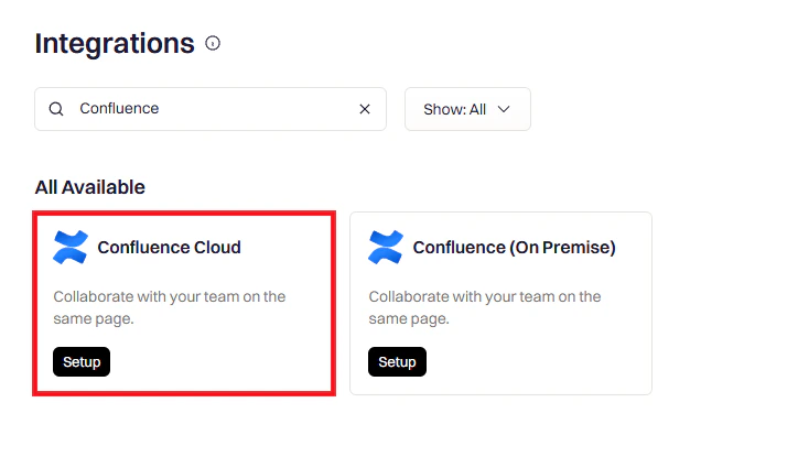 Integrations page with Confluence search result