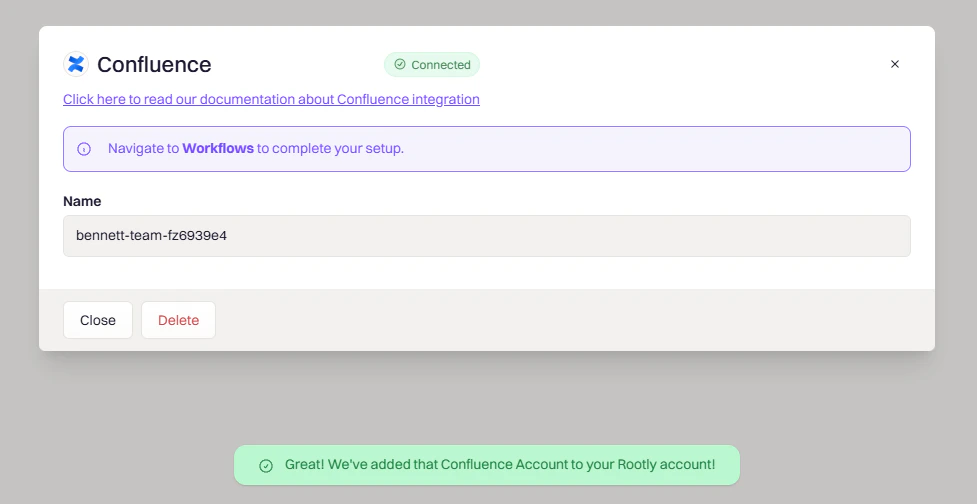 Rootly confirmation showing Confluence connected successfully