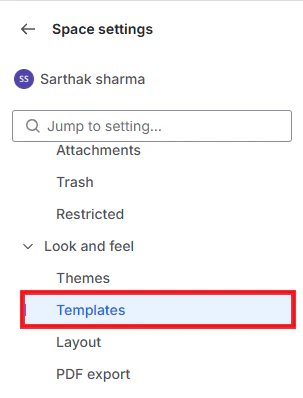 Confluence space settings showing Templates option