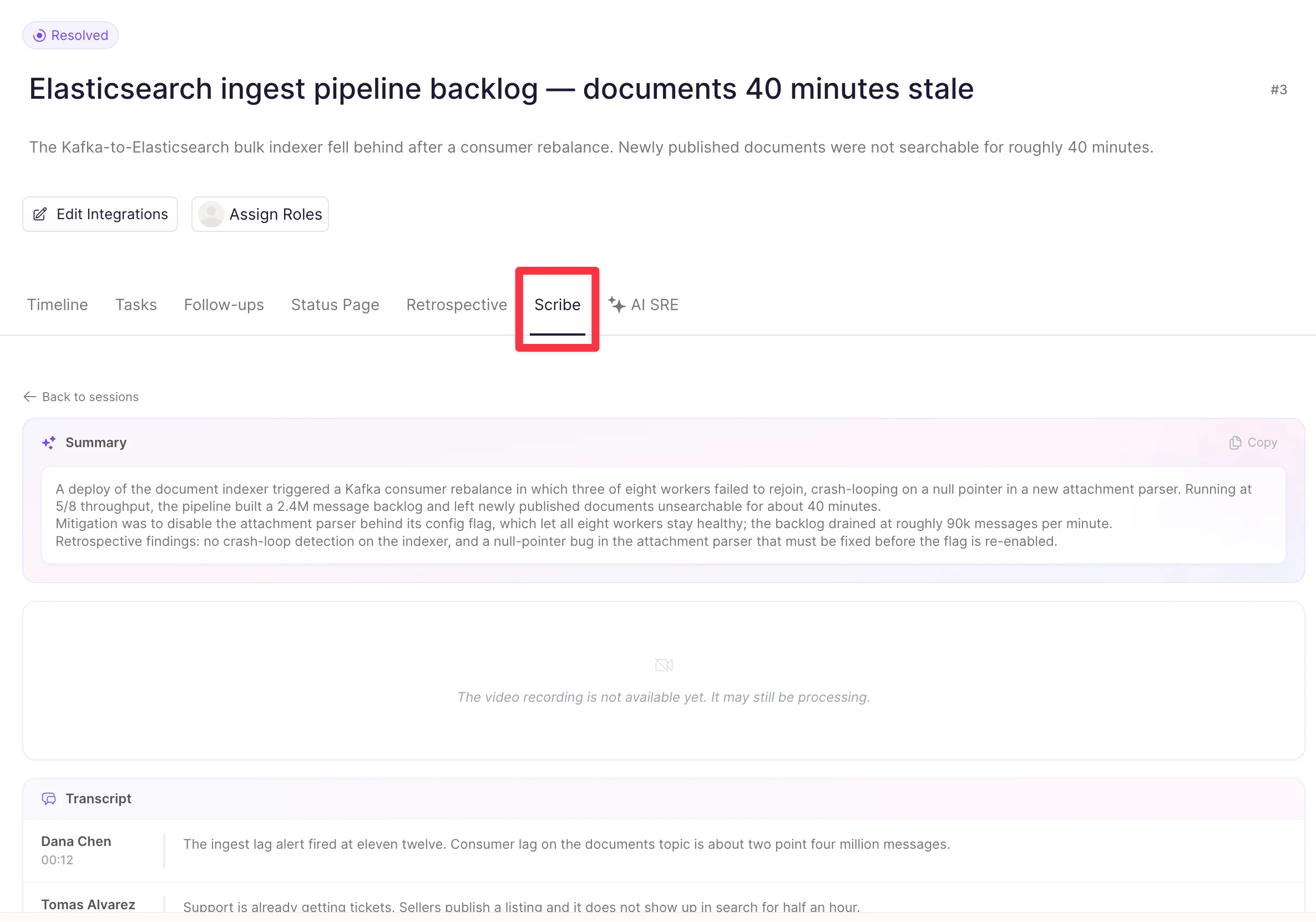 The incident Scribe tab with the Rootly AI meeting summary and the speaker-labeled transcript