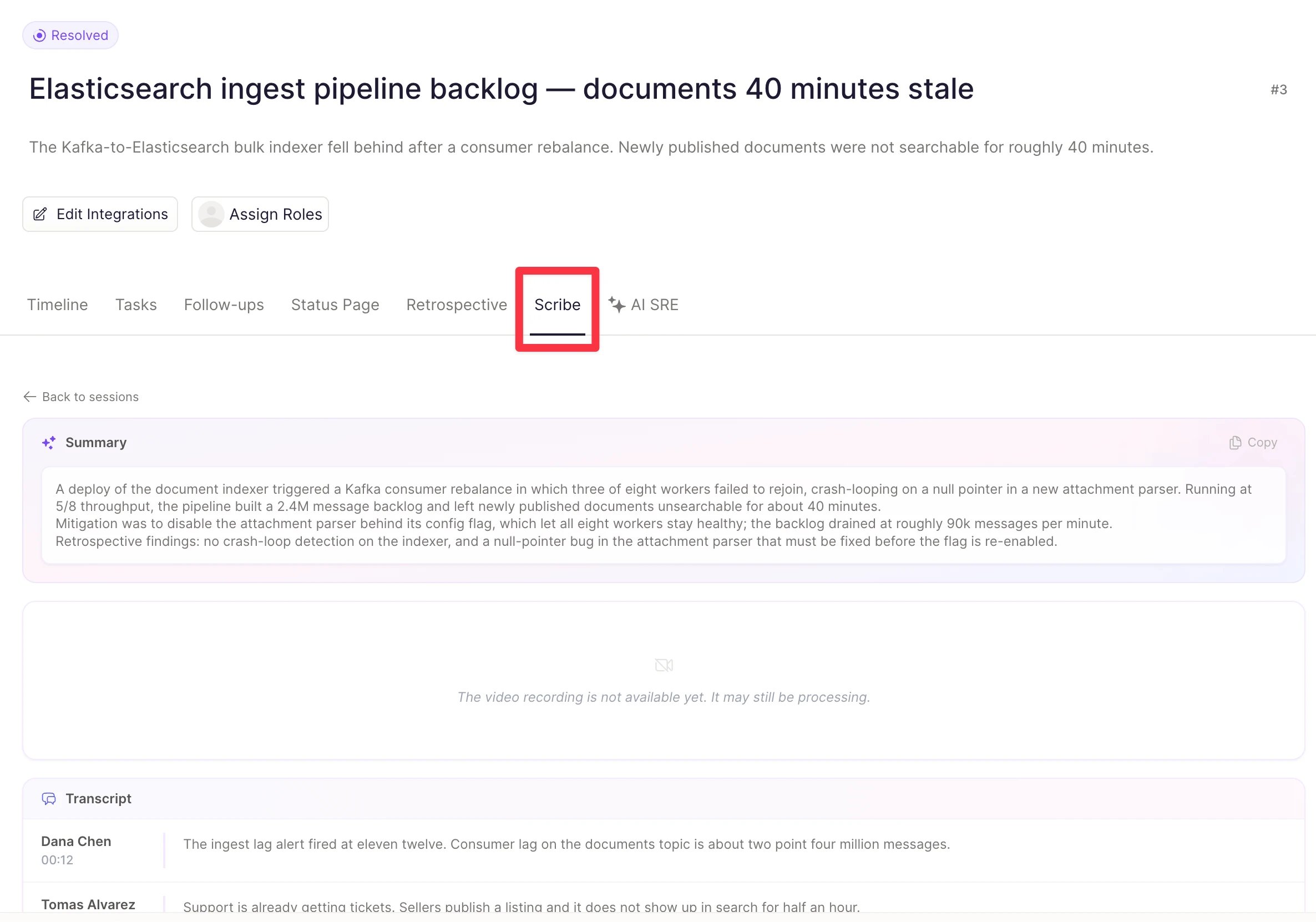 The incident Scribe tab with the Rootly AI meeting summary and the speaker-labeled transcript