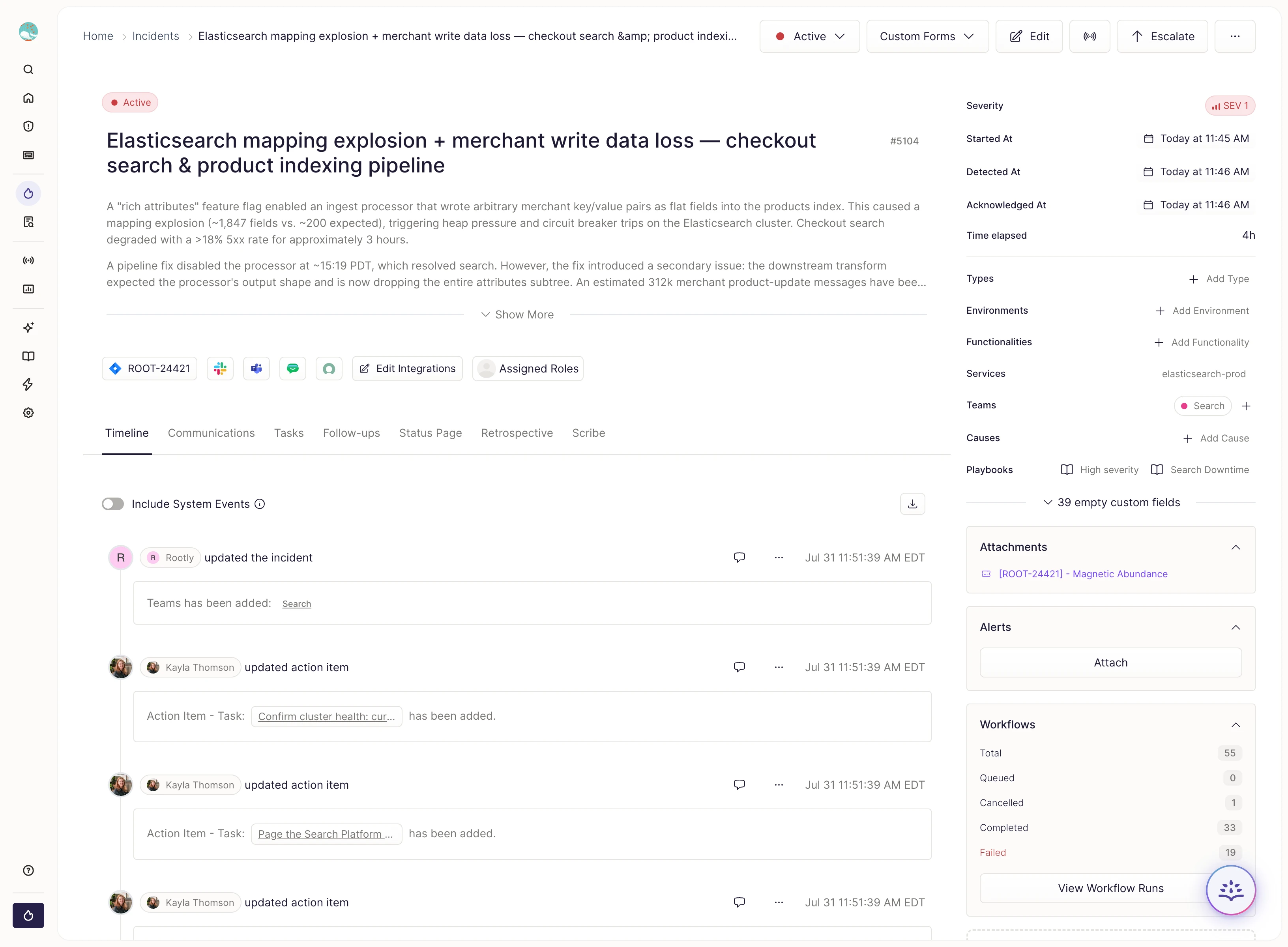 The incident details page with the Timeline, Tasks, Follow-ups, Status Page, Retrospective, and Scribe tabs