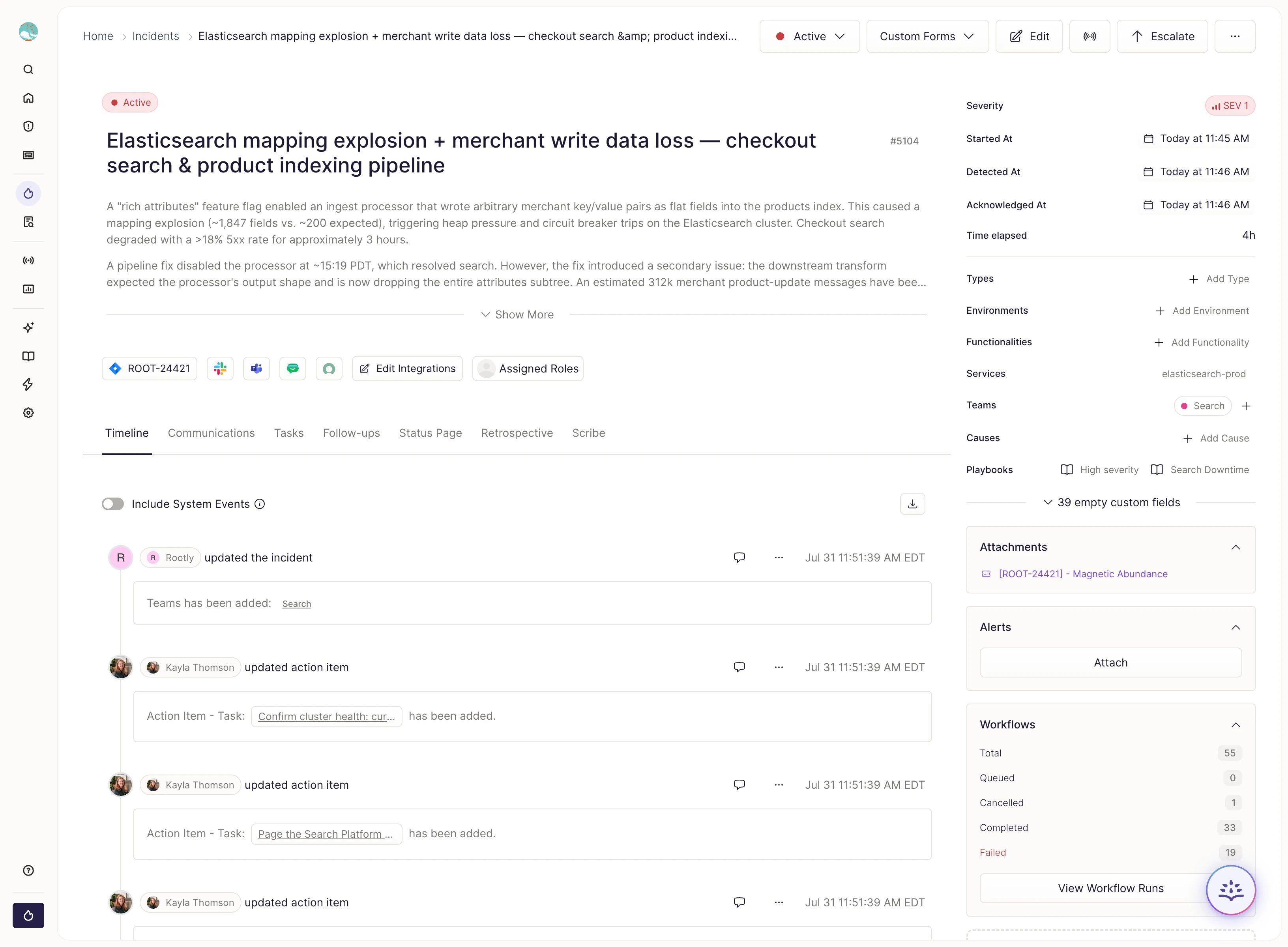 The incident details page with the Timeline, Tasks, Follow-ups, Status Page, Retrospective, and Scribe tabs