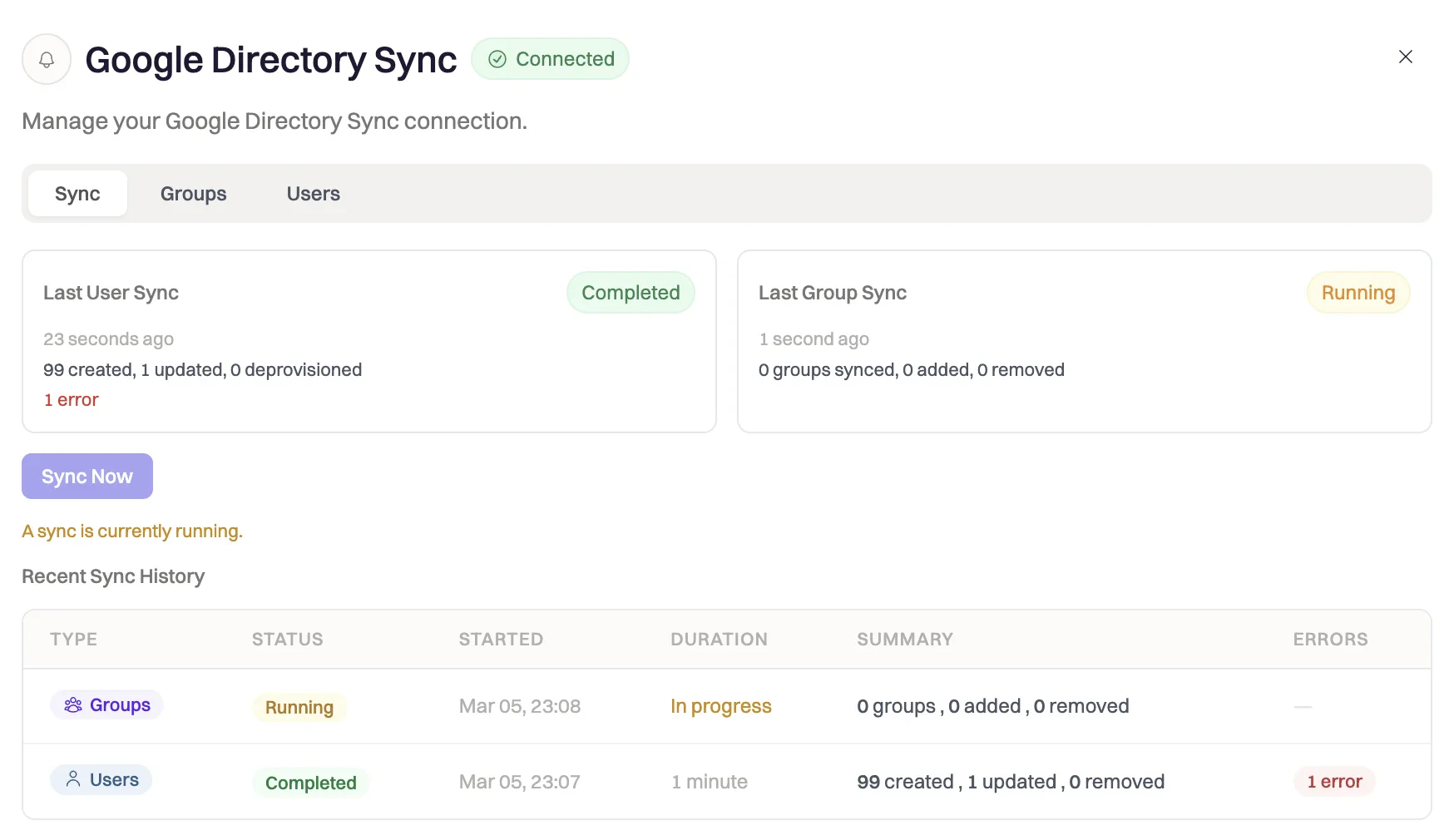 Google Directory Sync status dashboard