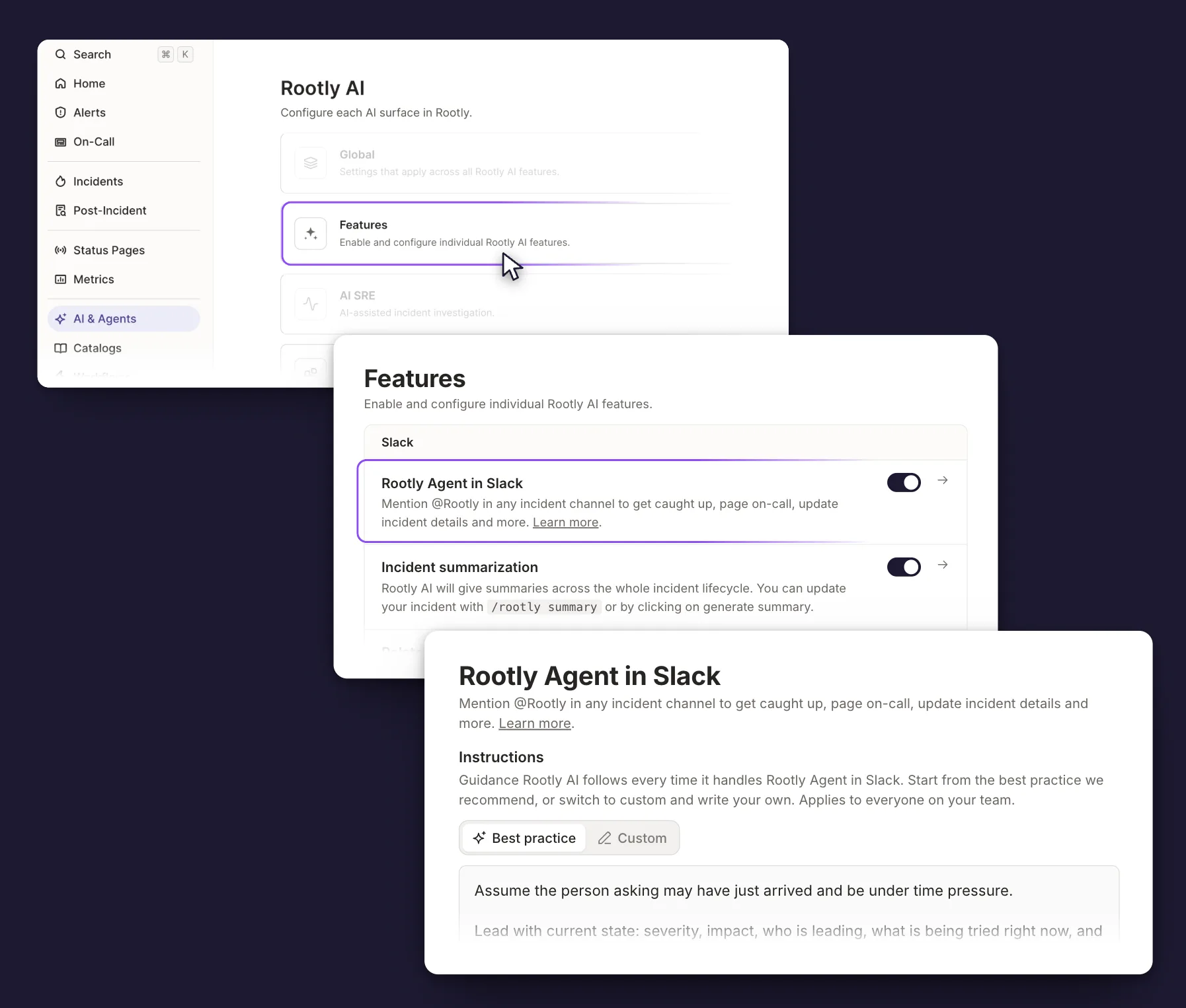 Navigating from AI and Agents to Features to the Rootly Agent in Slack page, where the Instructions box sits under the Best practice and Custom tabs